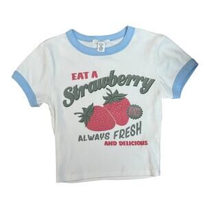 Pacsun Full Tilt Eat A Strawberry Baby Tee Crop Graphic Ringer T-Shirt White XS
